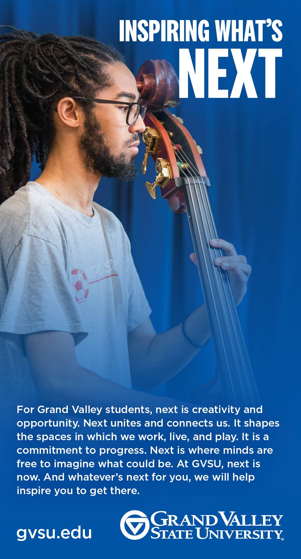 Advertisement example featuring student playing upright bass